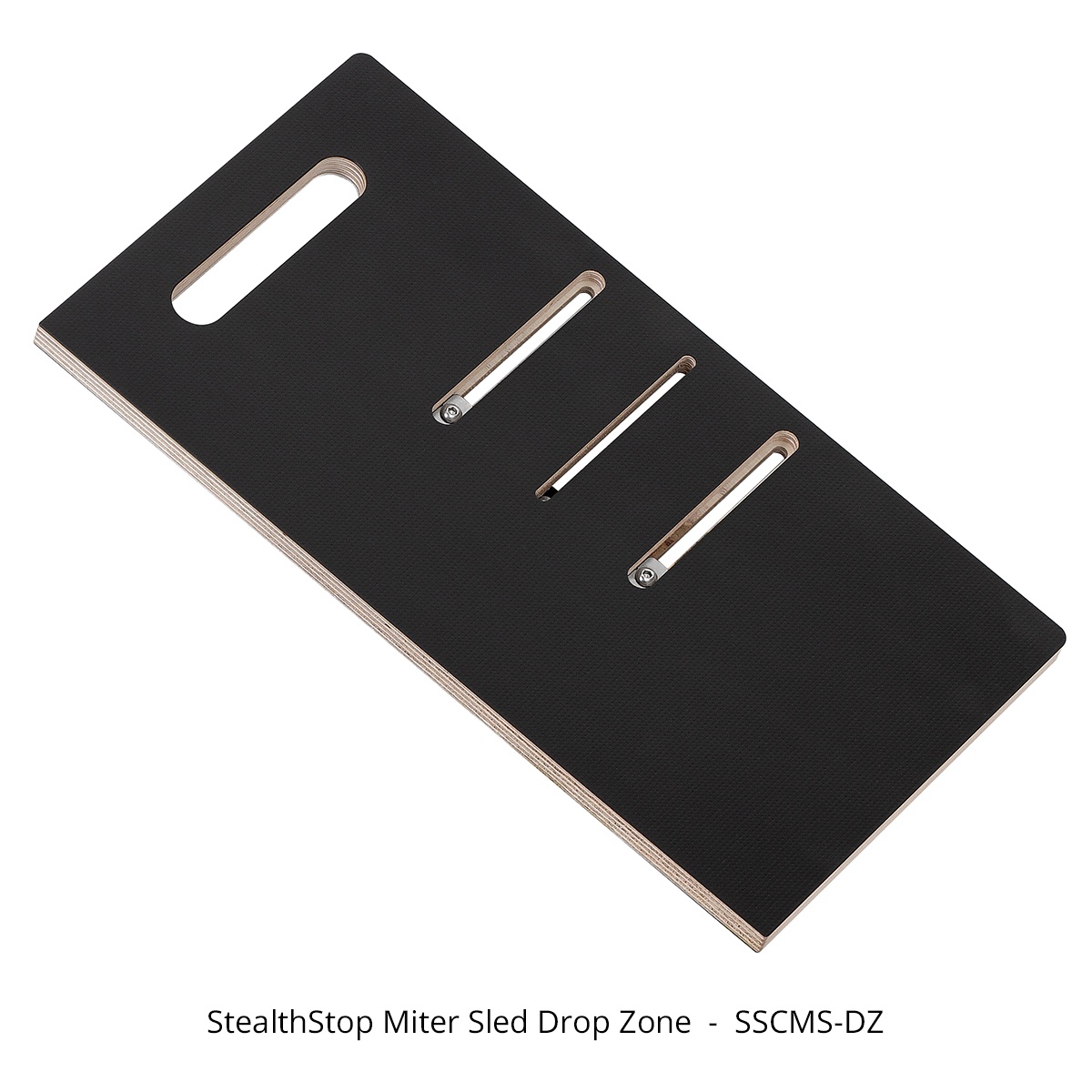 Woodpeckers StealthStop Miter Sled Drop Zone accessory shown on a clean background, highlighting the slotted panel layout used for miter saw station setup and cutoff management in a woodworking shop