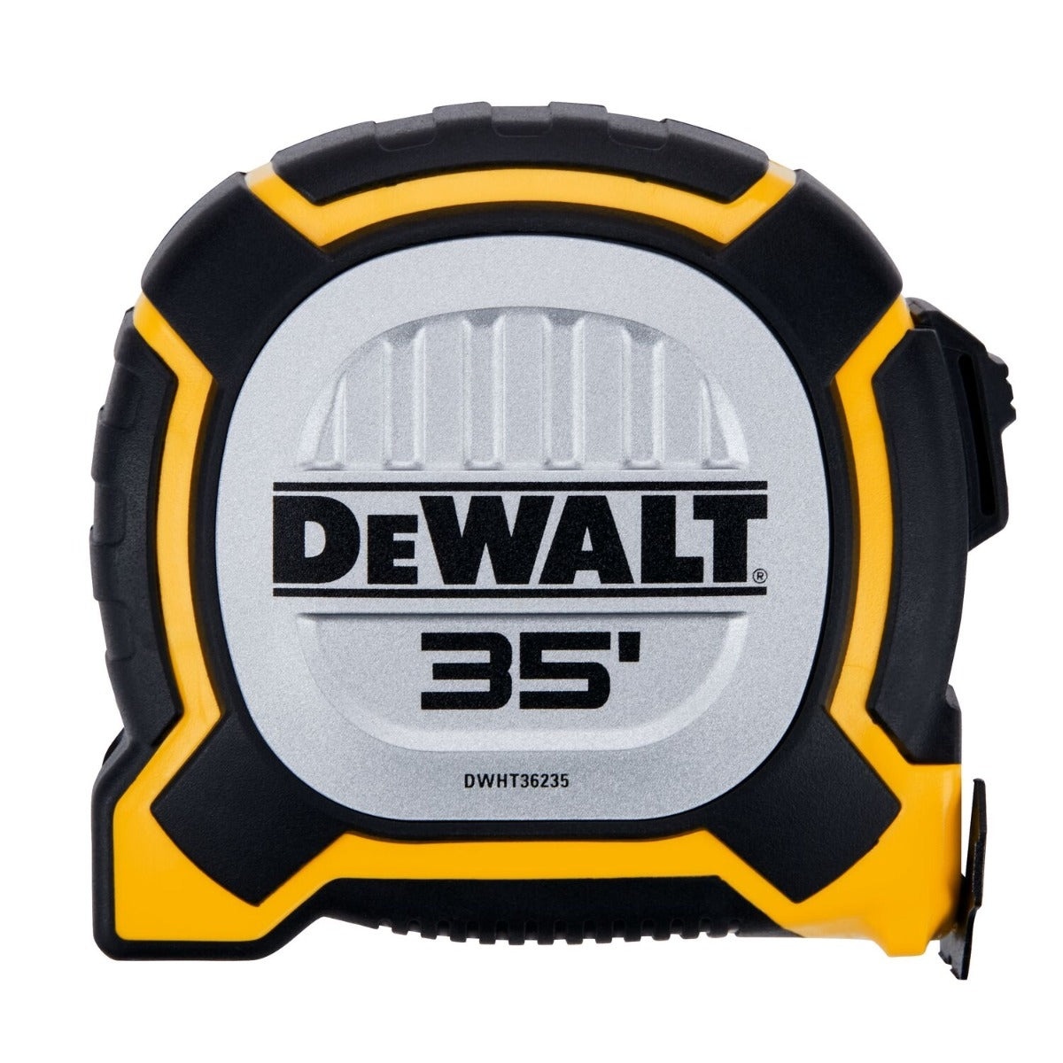 Front view of the DeWalt DWHT36235THS 35 ft. XP Tape Measure showing the heavy-duty protective case used for everyday jobsite measuring and carry