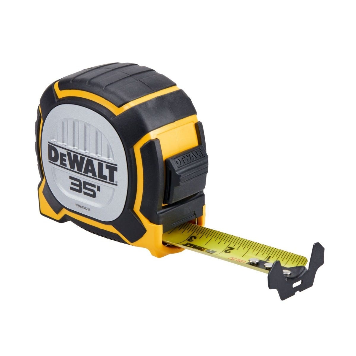 DeWalt DWHT36235THS 35 ft. XP Tape Measure with blade extended for layout work, showing the large hook and coated blade during a typical construction measuring task