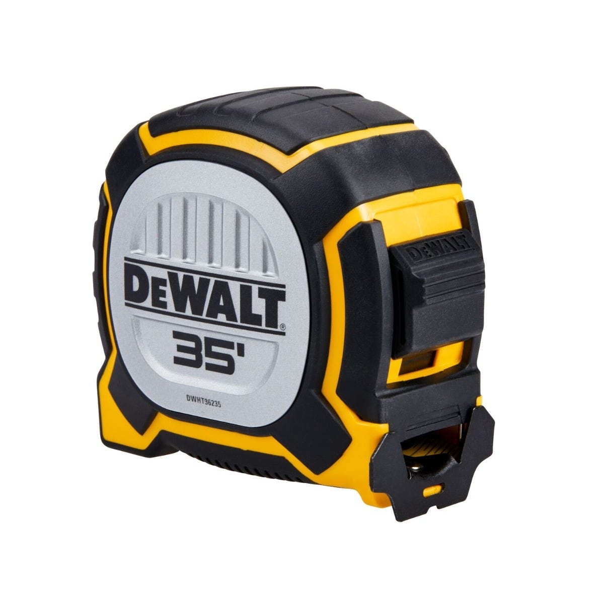DeWalt DWHT36235THS 35 ft. XP Tape Measure angled product view highlighting the protected lock button, impact-resistant case, and belt clip for jobsite carry