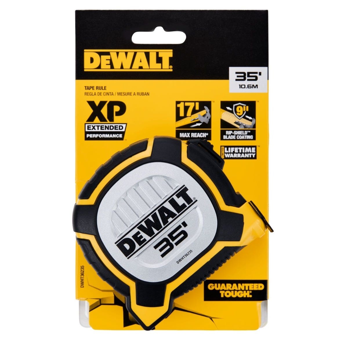 Retail packaging for the DeWalt DWHT36235THS 35 ft. XP Tape Measure showing 17 ft max reach, Rip-Shield blade coating, and lifetime warranty callouts