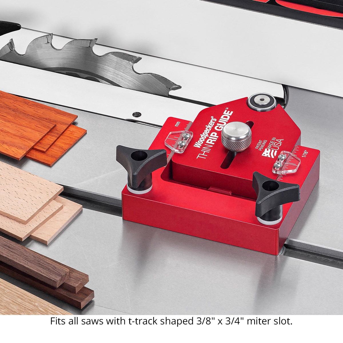 Woodpeckers ThinRip Guide w/ Rack-It installed in a table saw T-track shaped 3/8 inch by 3/4 inch miter slot for woodworking setup