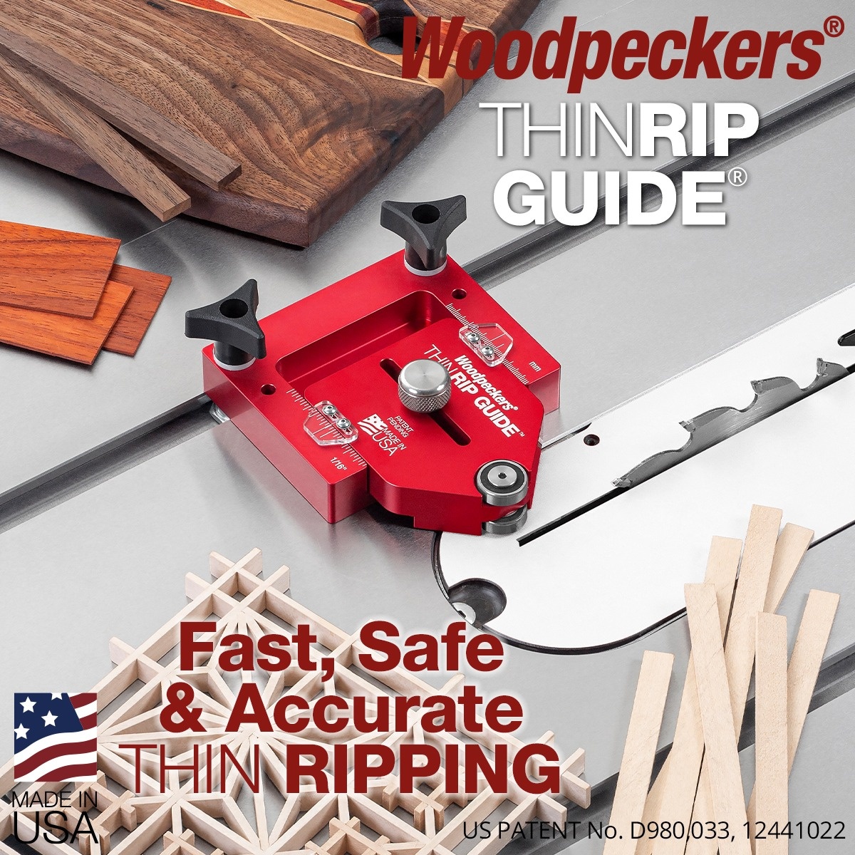 Woodpeckers ThinRip Guide w/ Rack-It mounted on a table saw for thin ripping narrow wood strips in a woodworking shop