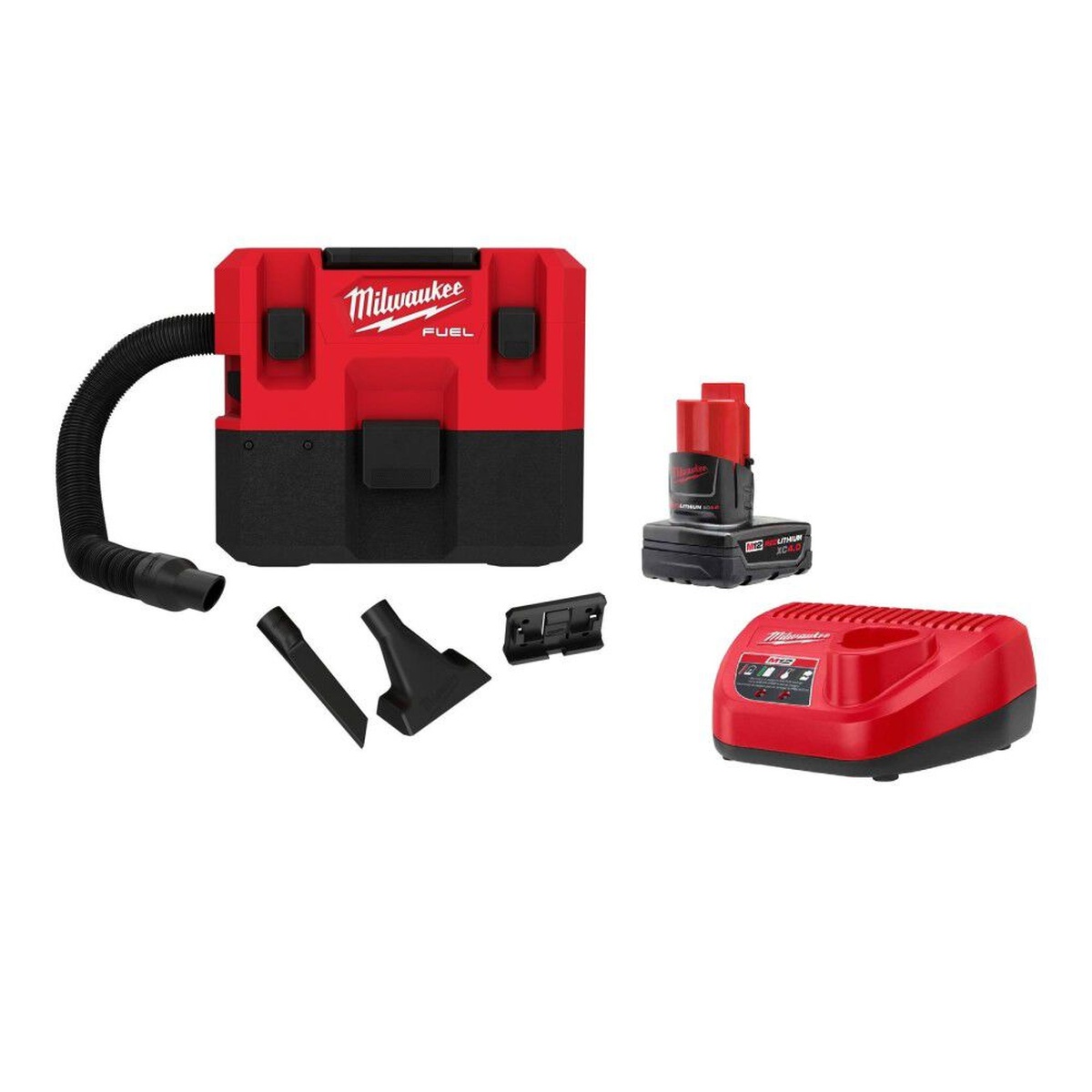 Milwaukee M12 FUEL 1.6 Gallon Wet/Dry Vacuum with XC4.0 Starter Kit Bundle shown with hose, nozzles, battery, and charger for jobsite cleanup and service work