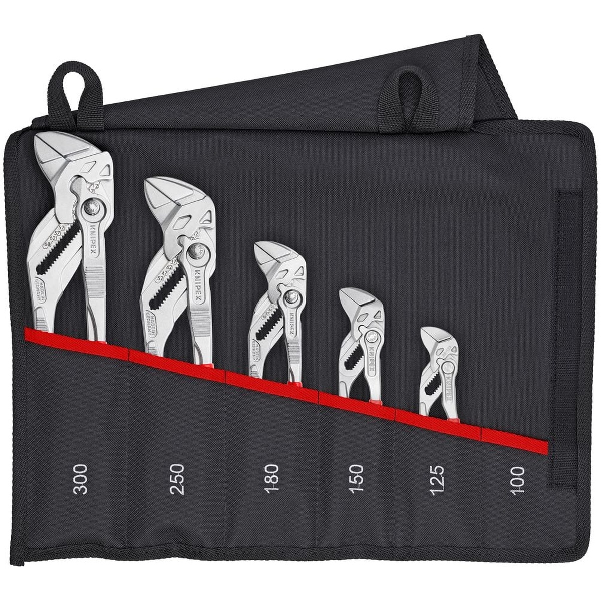Knipex 5 Pc Pliers Wrench Set in Tool Roll arranged in a black polyester storage roll for organized transport in a toolbox, service van, or jobsite bag