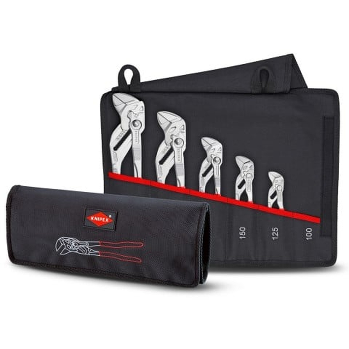 Knipex 5 Pc Pliers Wrench Set in Tool Roll shown with rolled pouch for compact storage and transport between bench work, service calls, and jobsite repairs