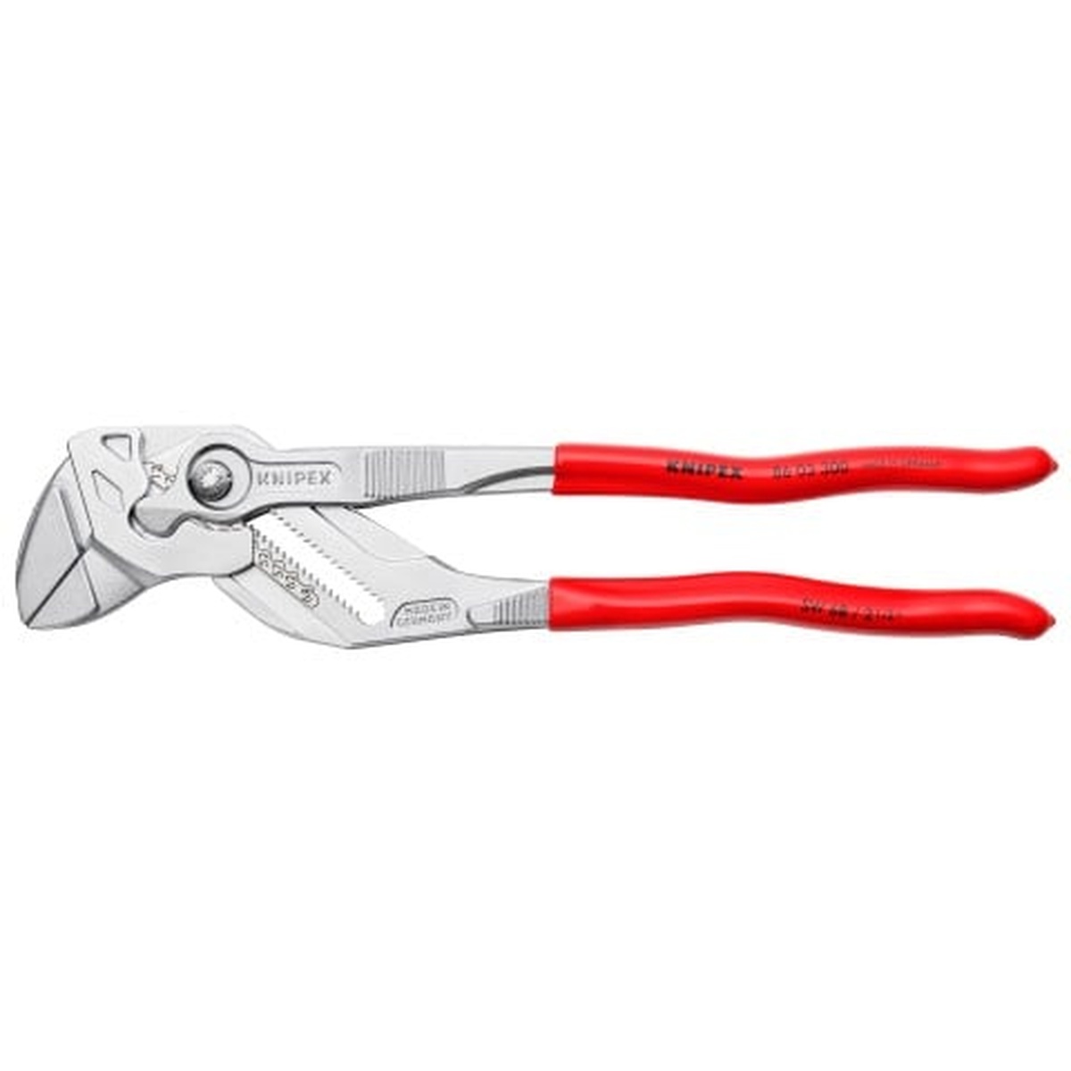 Knipex pliers wrench with smooth parallel jaws shown open for fastening and gripping work on nuts, bolts, and plated fittings in repair and installation tasks