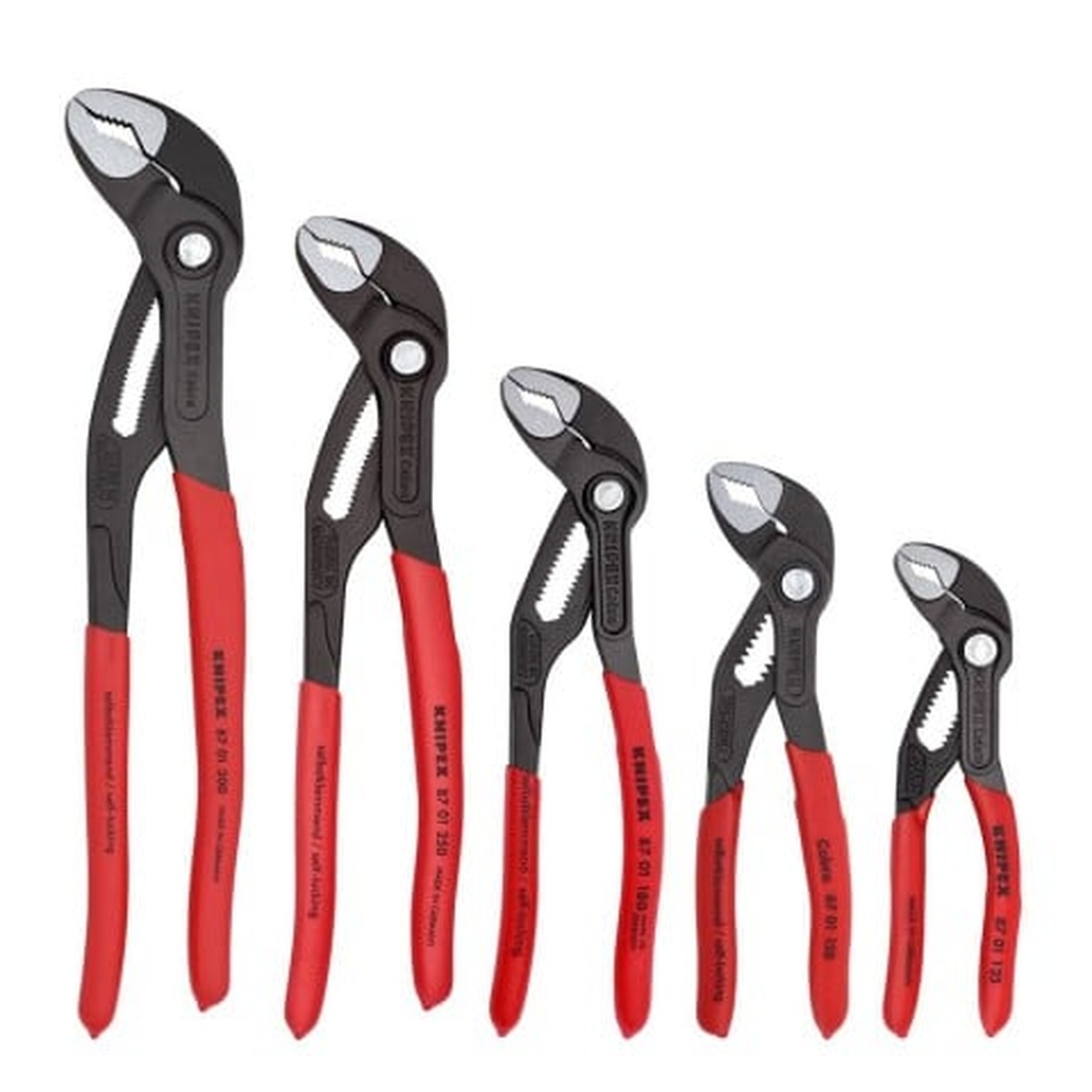 Knipex 00 19 55 S5 Cobra Water Pump Pliers Set showing five water pump pliers from 125 mm to 300 mm for plumbing, mechanical service, and fastening work