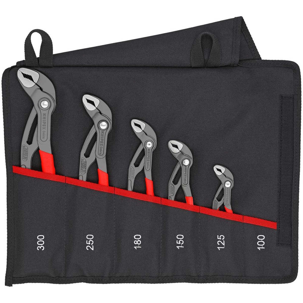 Knipex 00 19 55 S5 Cobra Water Pump Pliers Set stored in a polyester tool roll for organized service truck, shop, or jobsite use