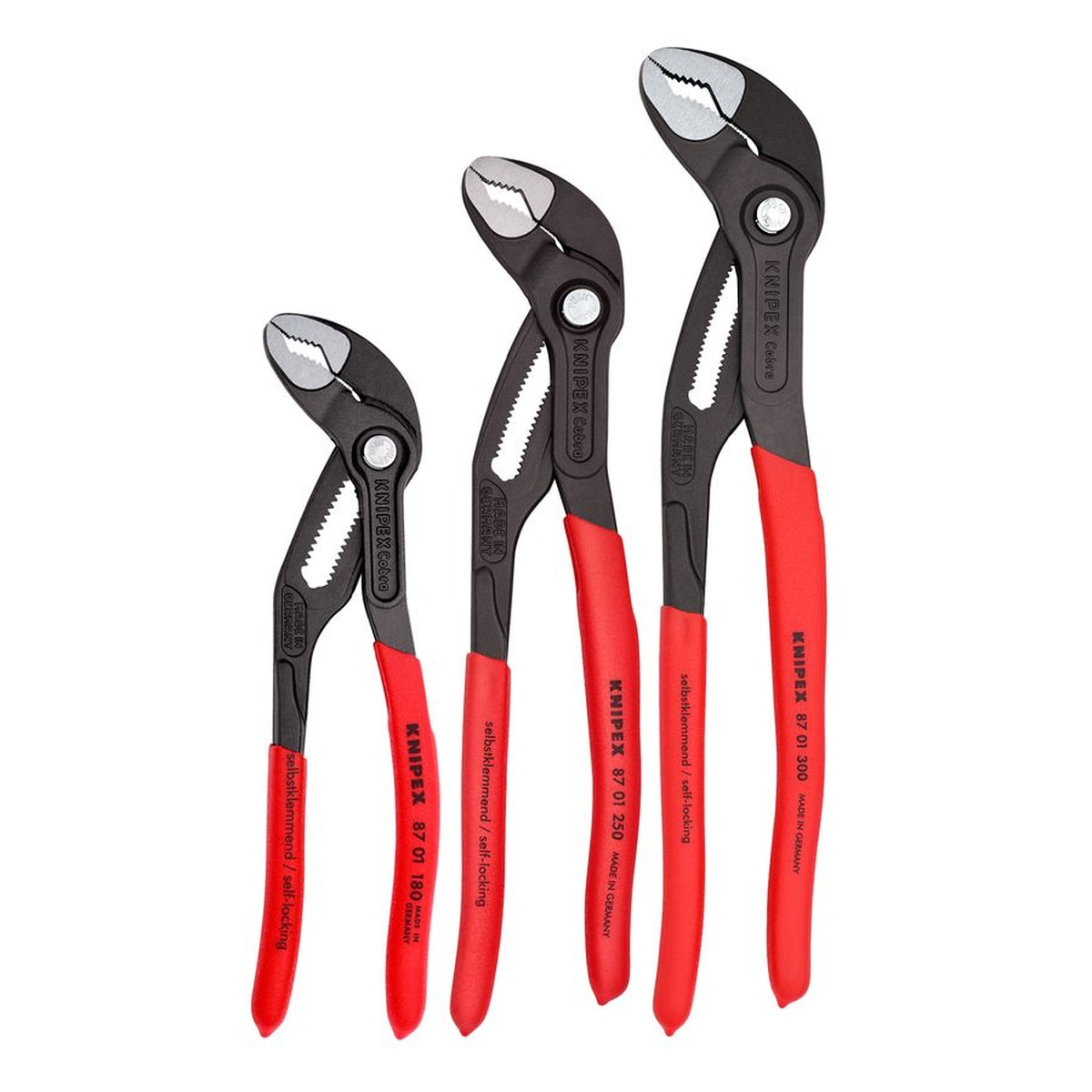 Knipex 00 20 06 US1 3 Pc Cobra Pliers Set showing all three water pump pliers sizes for shop drawer and service cart organization