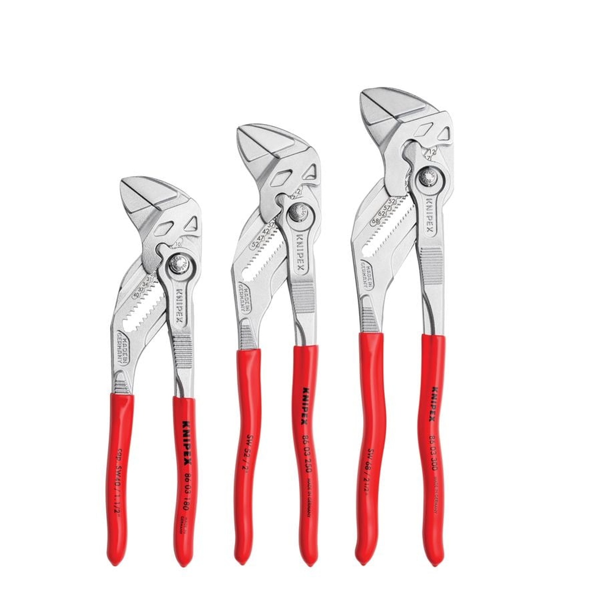 Knipex 00 20 06 US2 3 Pc Pliers Wrench Set showing 7 1/4 inch, 10 inch, and 12 inch pliers wrenches on a clean background