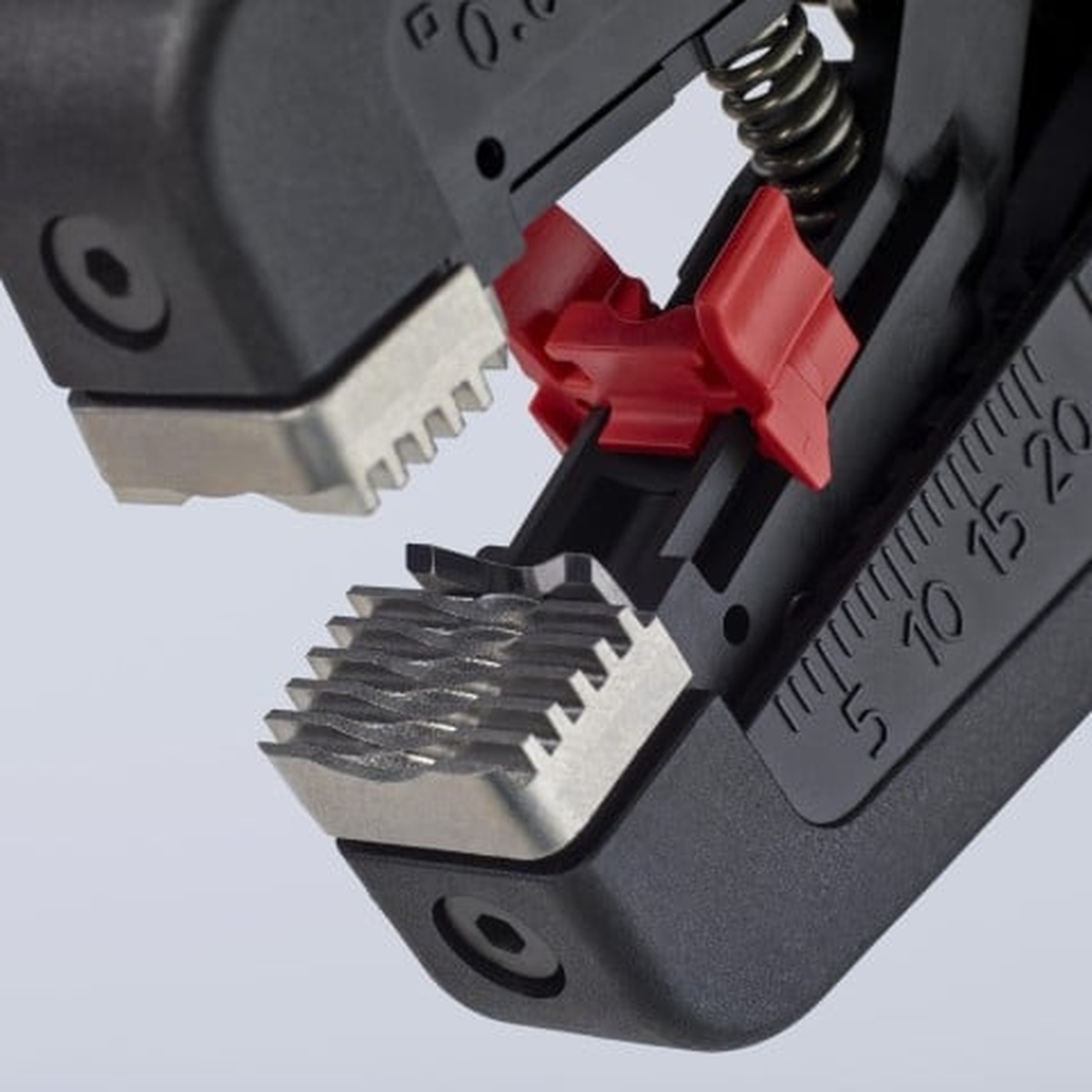 Knipex 7 3/4 in. PreciStrip16 Automatic Wire Stripper 6-28 AWG detail view showing adjustable length stop for repeated strip lengths in panel wiring and harness work