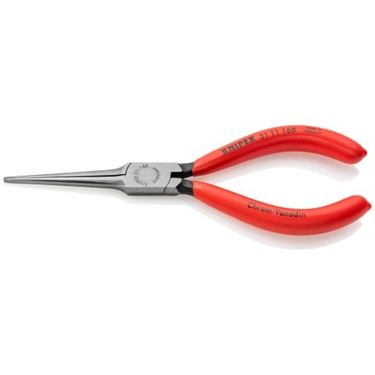 Knipex 31 11 160 Needle-Nose Pliers angled open to show the smooth flat jaws used for controlled gripping and adjusting of delicate parts