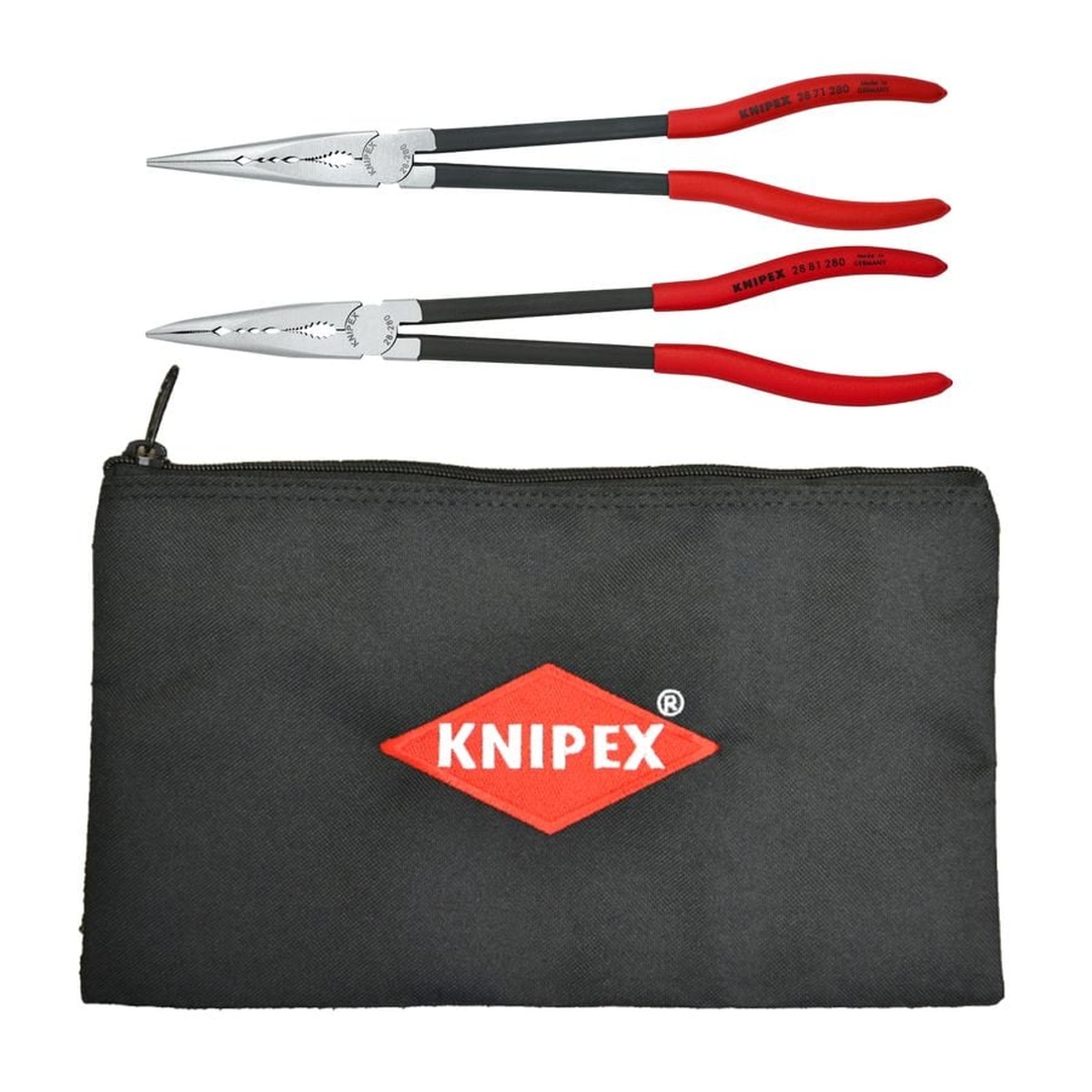 Knipex 9K 00 80 128 US 2 Pc XL Long Needle Nose Pliers Set with straight and 45 degree angled pliers plus keeper pouch on clean background