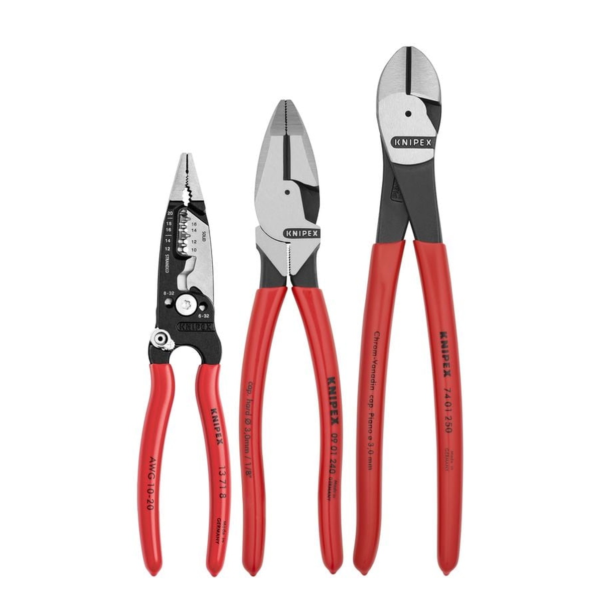Knipex 9K 00 80 158 US 3-Piece Electrical Set showing the forged wire stripper, lineman's pliers, and high leverage diagonal cutter laid out for electrical service work