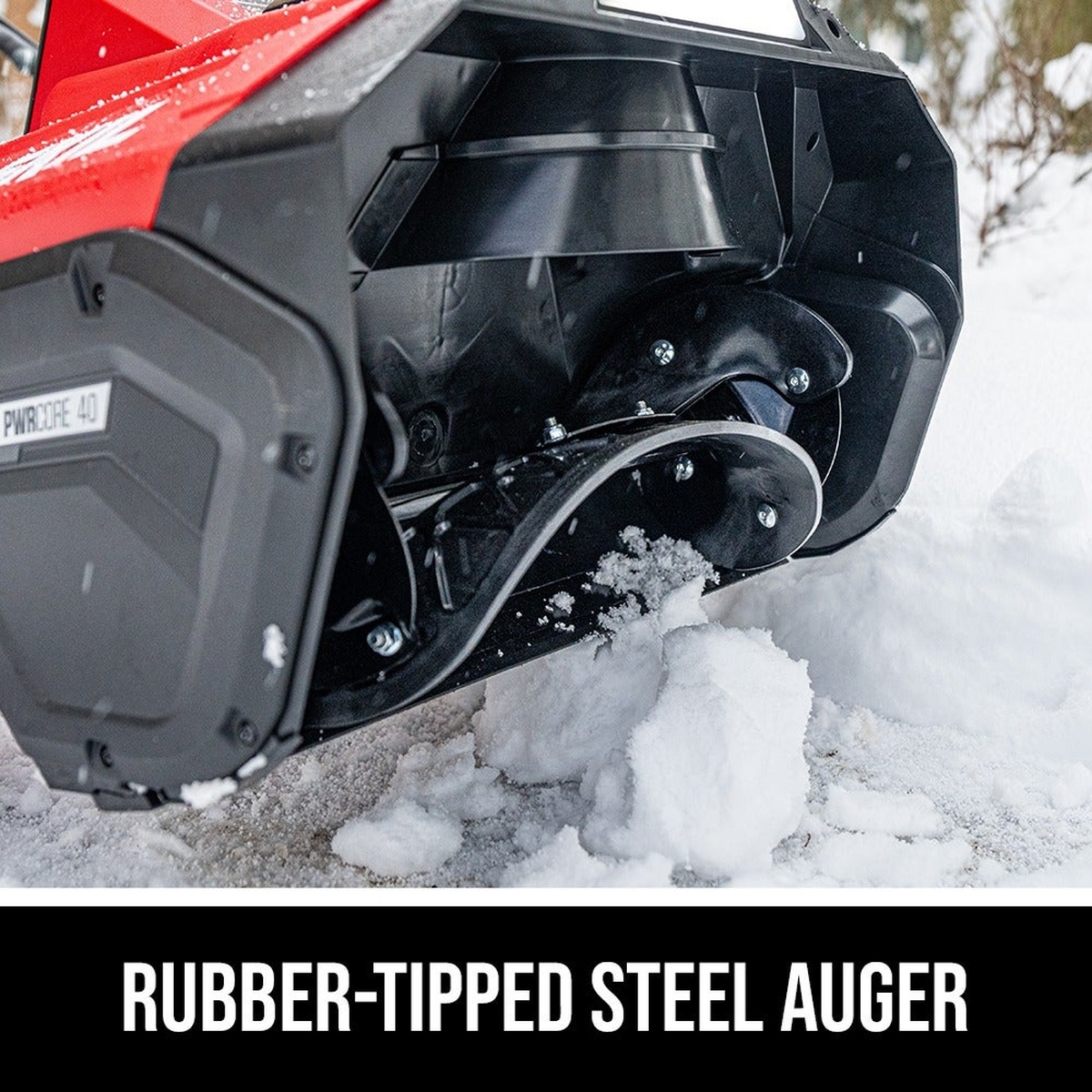 SKIL 40V Brushless 20 In. Single Stage Snow Blower Kit auger close-up cutting through packed snow on a paved driveway