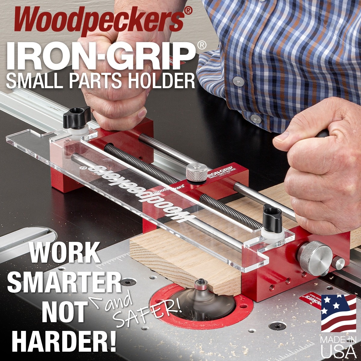 Woodpeckers Iron-Grip Small Parts Holder guiding a small wood workpiece across a router table for safer routing on a woodworking bench