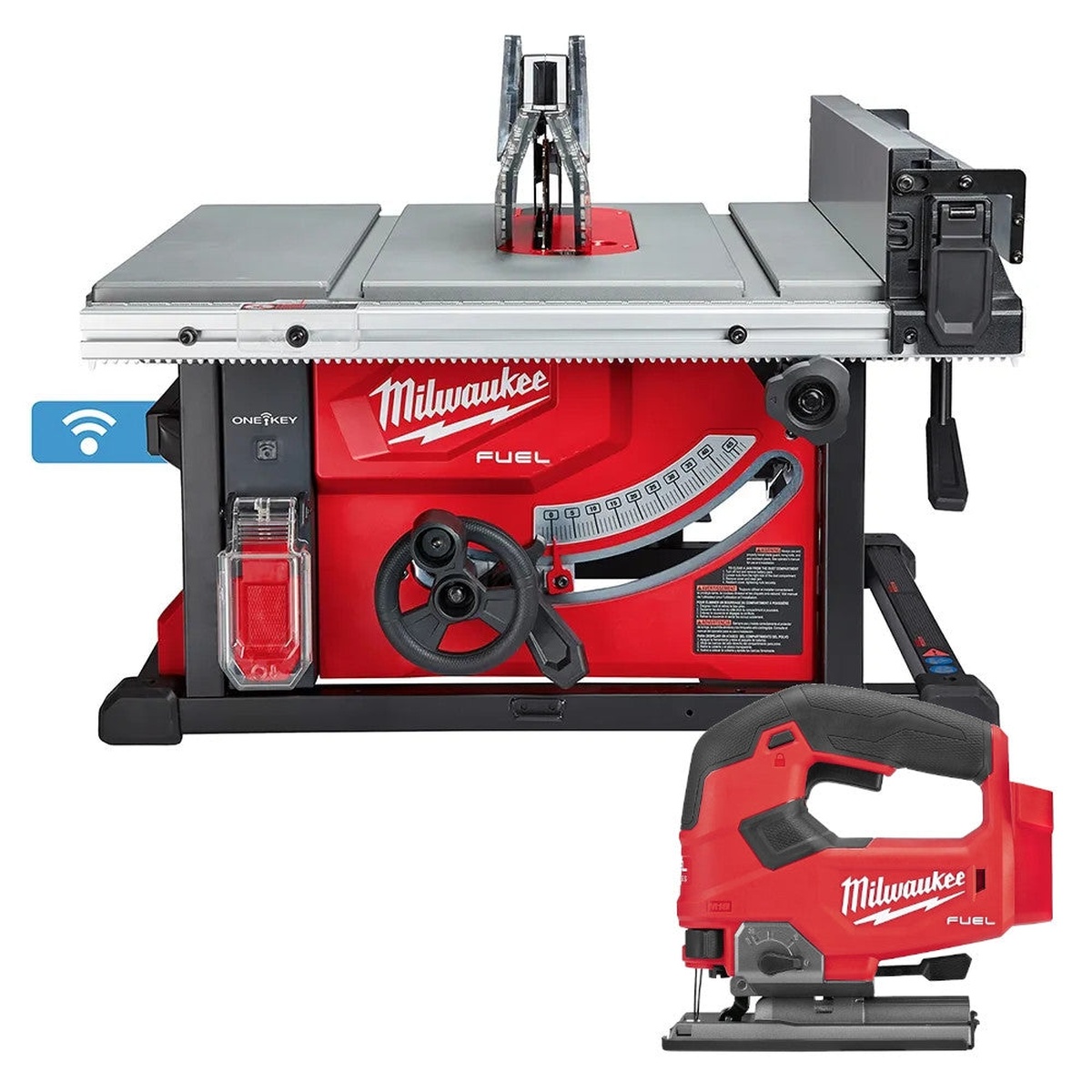 Milwaukee M18 FUEL 8-1/4 Table Saw with One-Key, Tool Only with M18 Fuel D-Handle Jig Saw, Tool Only shown as a combo kit for ripping sheet goods and making controlled jigsaw cuts on a jobsite