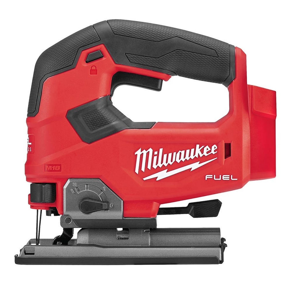 Milwaukee M18 Fuel D-Handle Jig Saw, Tool Only side view showing bevel adjustment and D-handle design for controlled cuts in hardwood, laminate, and metal