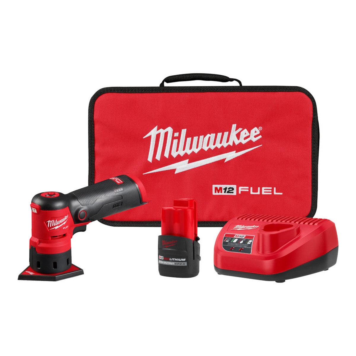 Milwaukee M12 FUEL Orbital Detail Sander with High Output Battery kit shown with the cordless detail sander, M12 battery, charger, and carry bag on a clean background for finish sanding and trim work