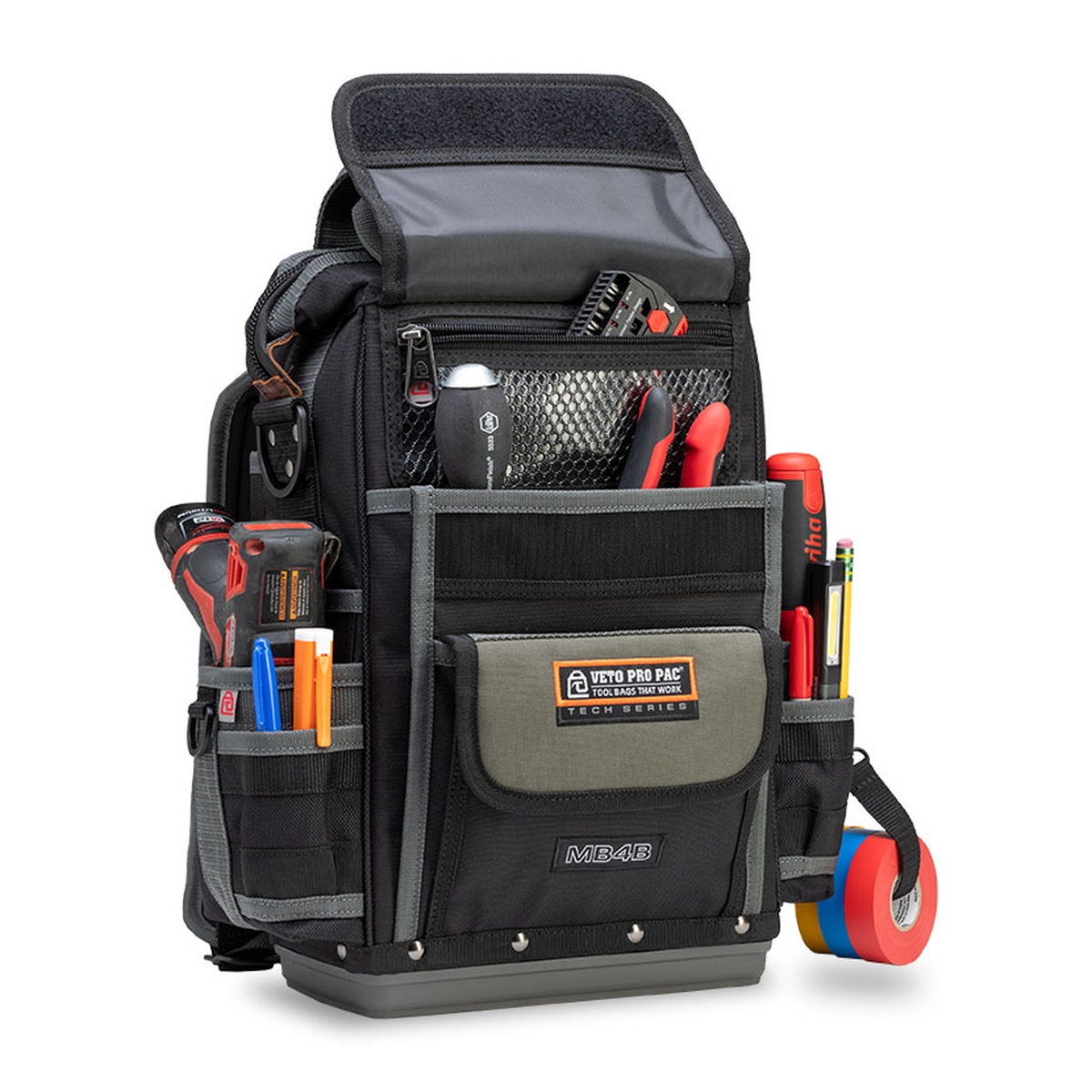 Veto Pro Pac MB4B Vertical Gate Mouth Style Meter Bag opened with tools loaded for electrical service work, showing organized exterior pockets and fast access to gear