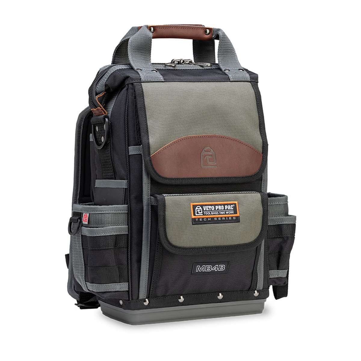 Veto Pro Pac MB4B Vertical Gate Mouth Style Meter Bag standing upright on a jobsite-ready surface, highlighting structured body, leather-grip handle, and protective base