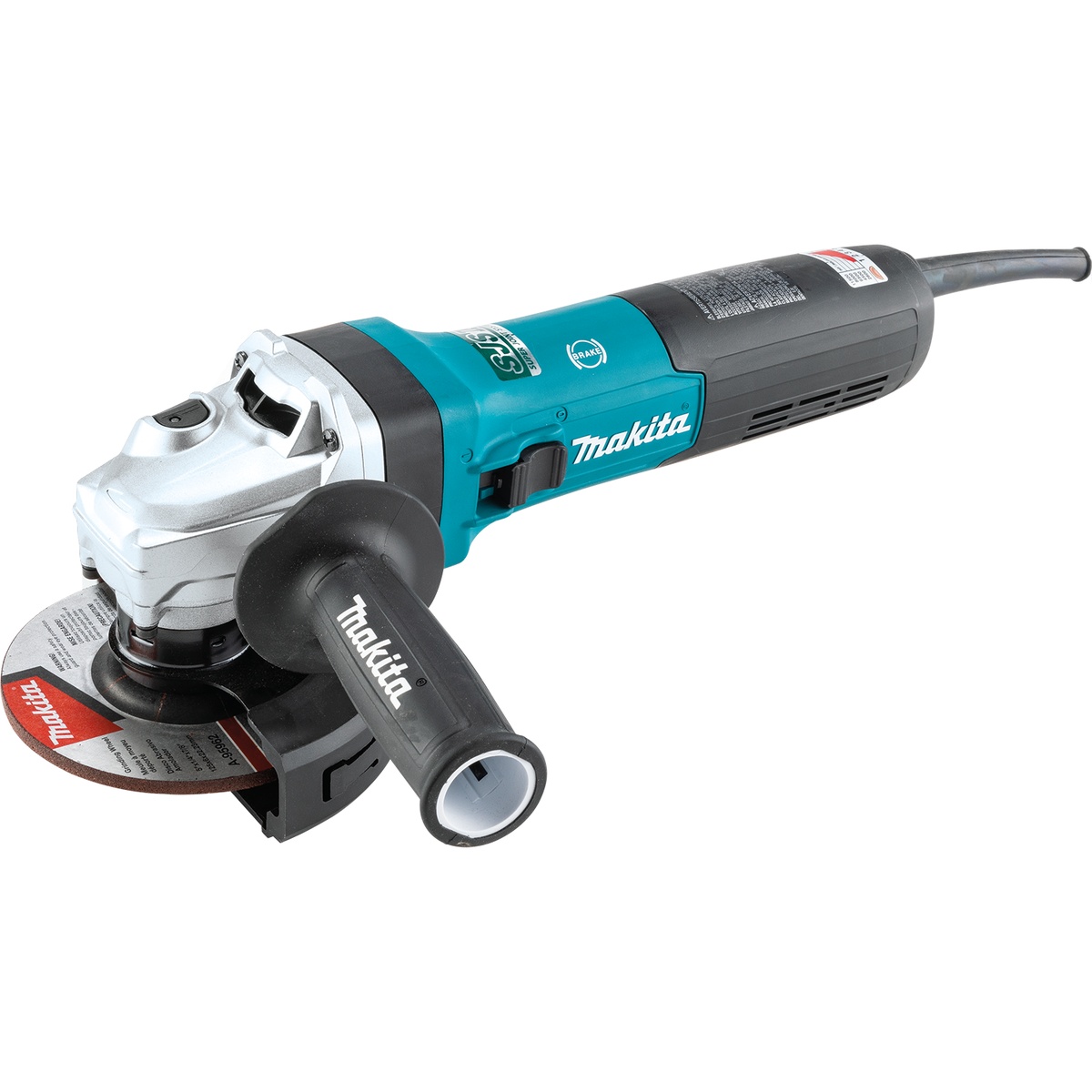 Makita 5 inch SJS II High-Power Angle Grinder w/ Brake product view showing body-grip grinder with side handle, guard, and cutoff wheel for metal cutting work