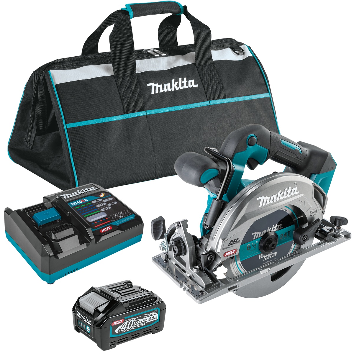 Makita GSH05M1 40V max XGT Brushless Cordless 6-1/2 inch Circular Saw Kit shown with saw, 4.0Ah battery, charger, and storage bag for jobsite wood cutting setup