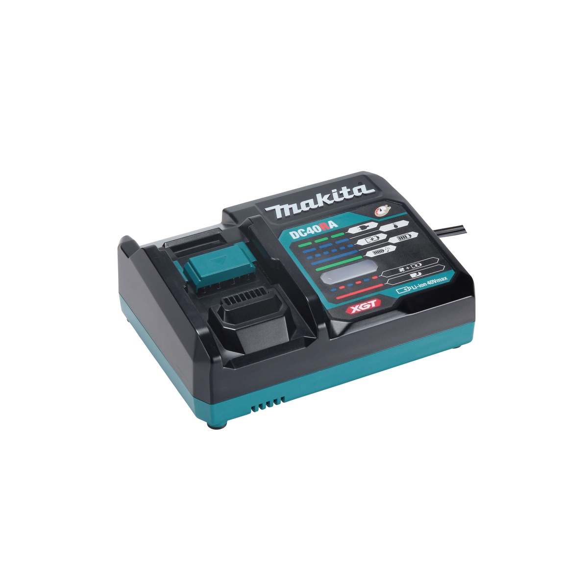 Makita XGT rapid charger for the GSH05M1 circular saw battery setup on a workbench between wood cutting tasks