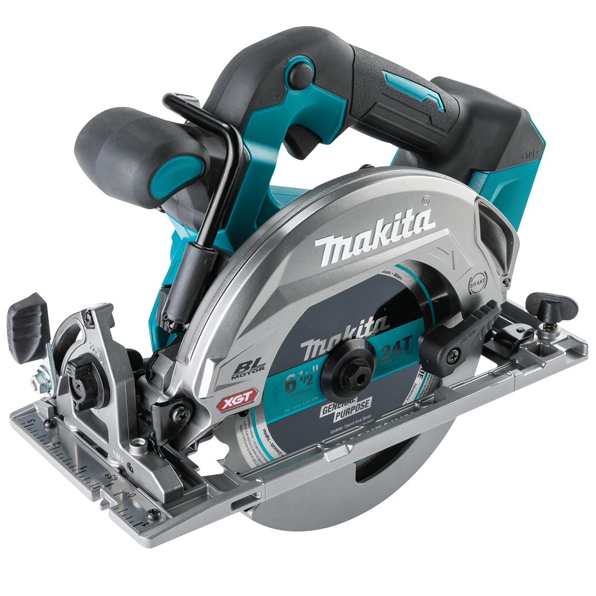Makita GSH05Z 40V max XGT Brushless Cordless 6-1/2 inch circular saw shown as a compact jobsite cutting tool with magnesium base, blade guard, and dust nozzle connection for framing and sheet goods work