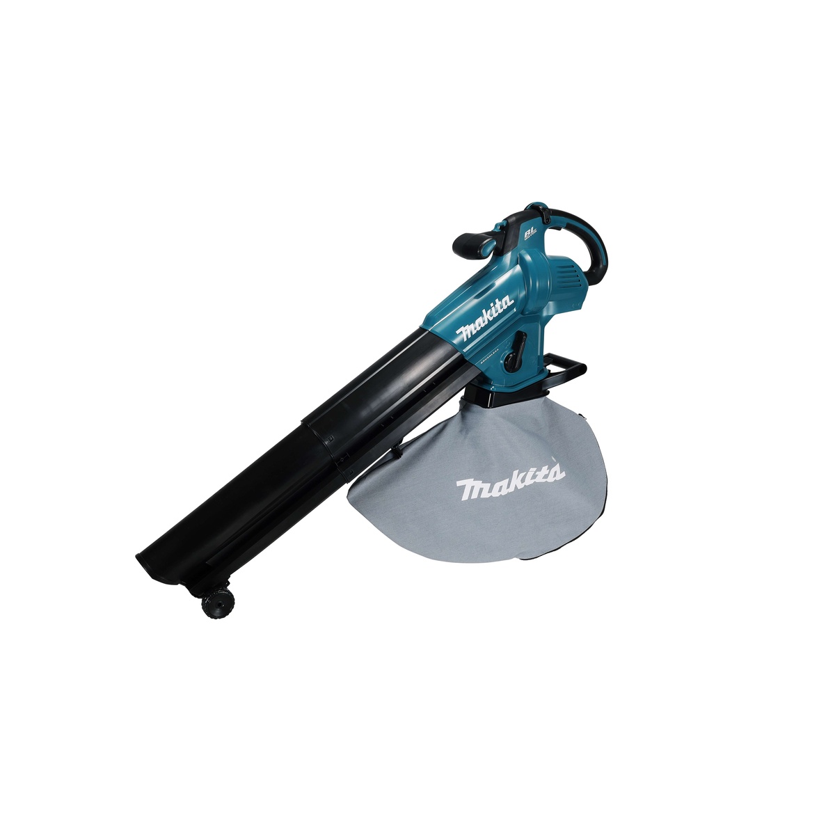 Makita XBU07Z 18V LXT Brushless Blower / Vacuum Mulcher angled view showing long nozzle, front wheels, and debris bag for controlled leaf vacuuming on residential and property maintenance jobs