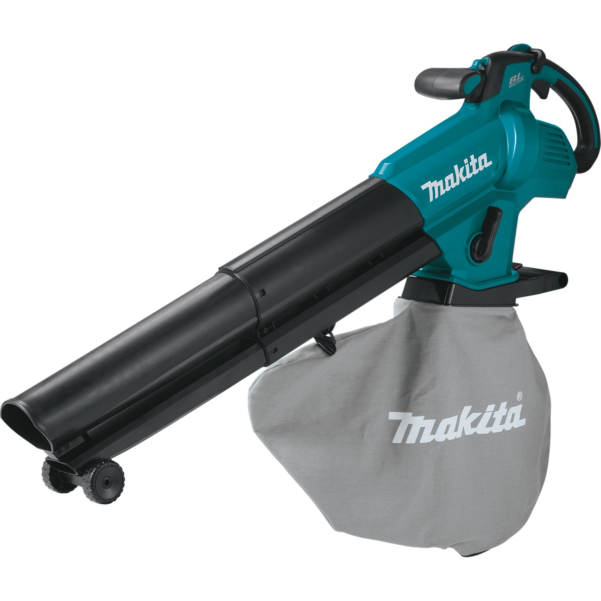Makita XBU07Z 18V LXT Brushless Blower / Vacuum Mulcher shown in blower and vacuum setup with collection bag attached for leaf cleanup around patios, beds, and walkways