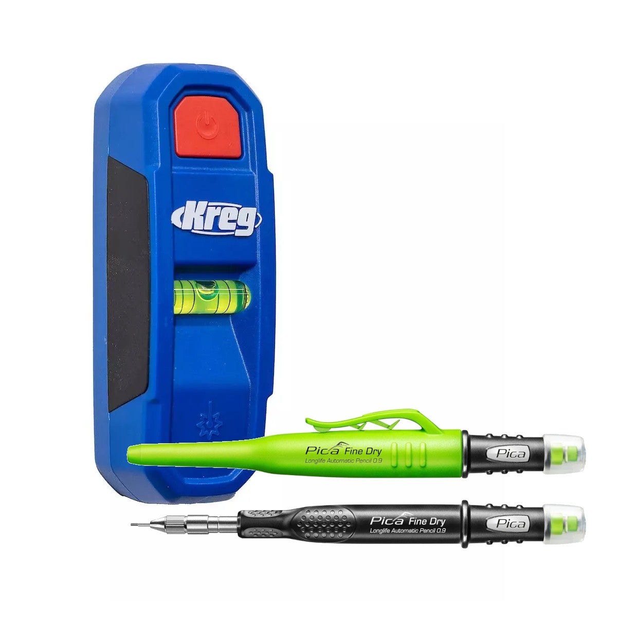 Kreg Tool KMM1000LZ stud finder set with laser locator and Pica Fine Dry marking pencils shown for wall layout and stud marking on interior installation work