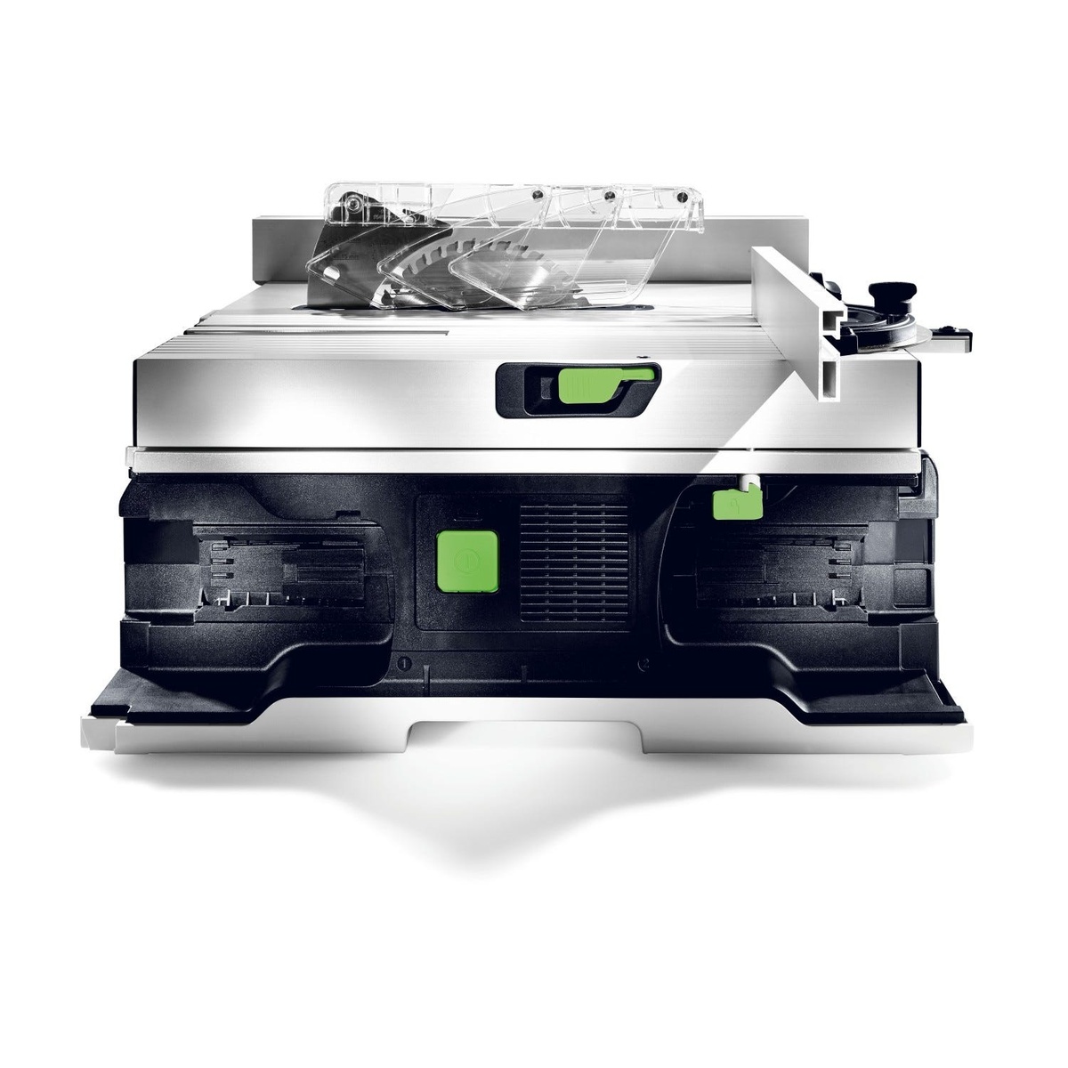 Festool 577378 CSC SYS 50 EBI-Plus Cordless Table Saw rear view showing dual battery slots and compact body for transport between interior finishing jobs