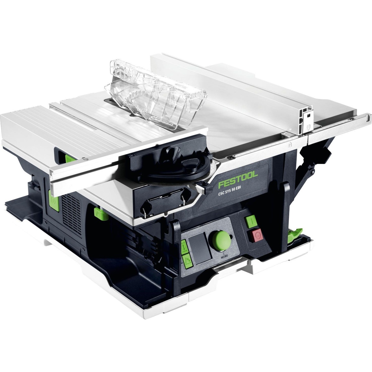 Festool 577378 CSC SYS 50 EBI-Plus Cordless Table Saw shown with fence, guard, and digital controls set up for accurate finish cutting on a compact jobsite table saw