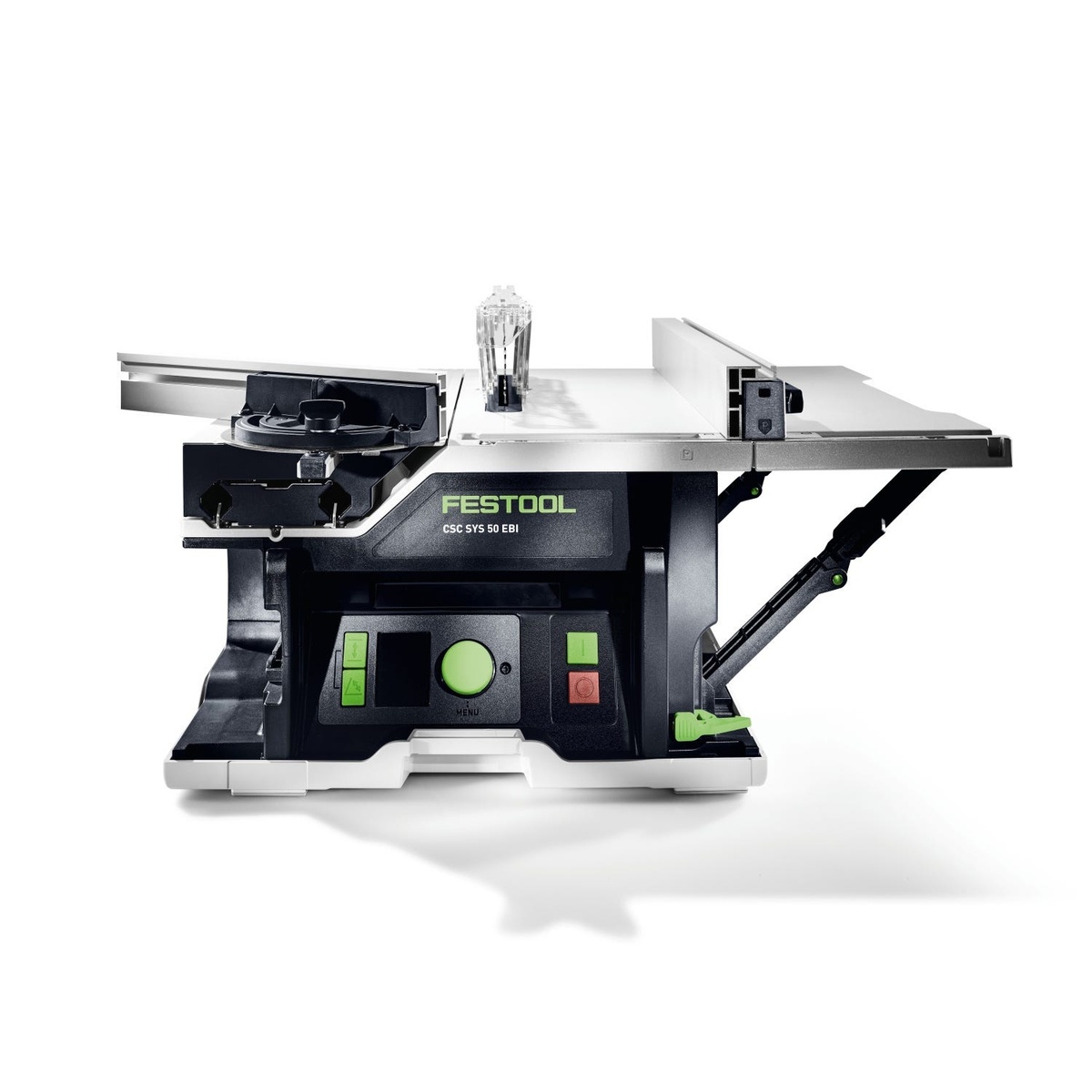 Festool 577378 CSC SYS 50 EBI-Plus Cordless Table Saw side view with fence and table extensions configured for rip cuts and cross cuts on remodeling and finish carpentry work