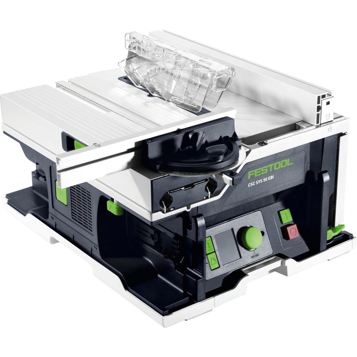 Festool 577378 CSC SYS 50 EBI-Plus Cordless Table Saw close view showing blade guard, sliding table, and rip fence for controlled fine woodworking cuts