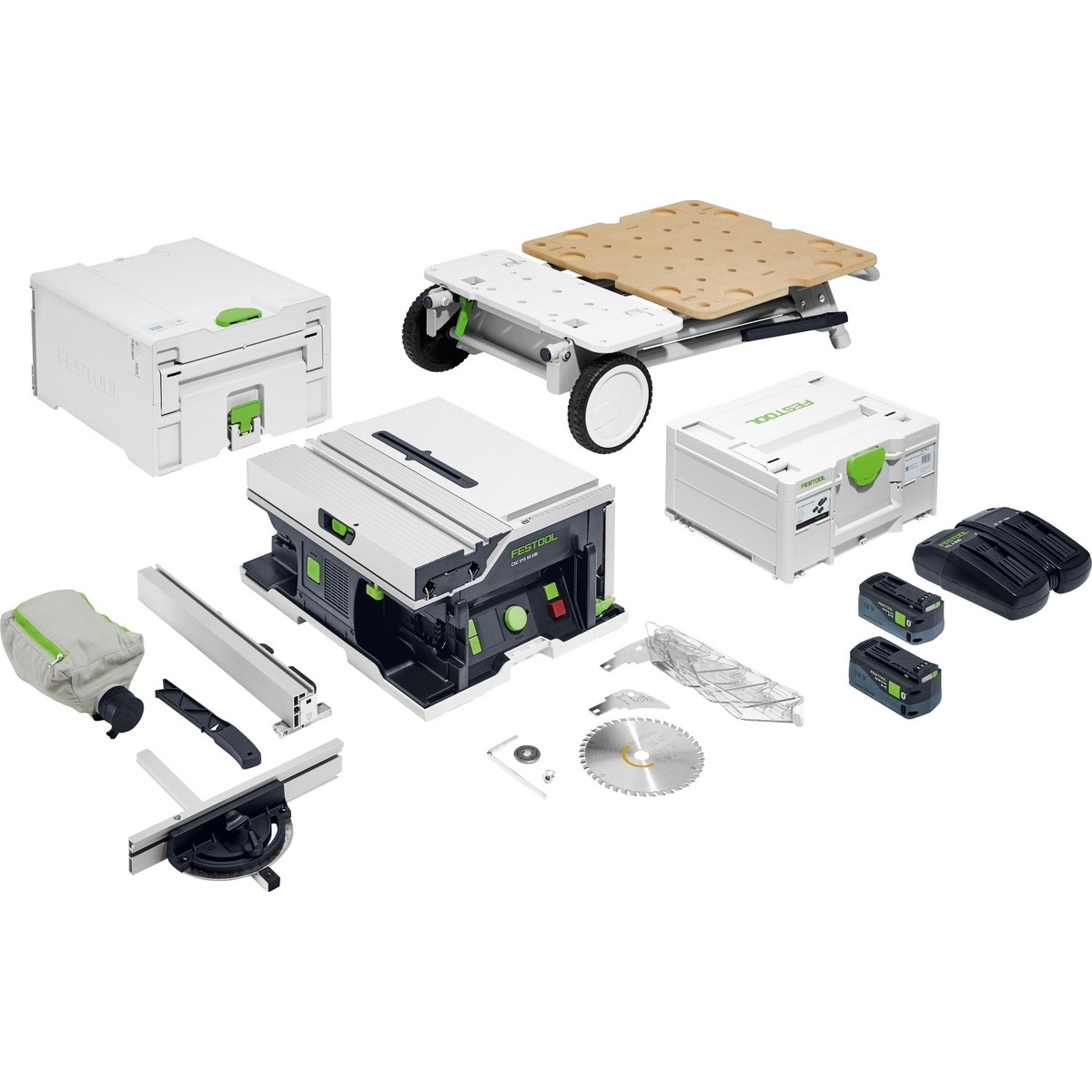Festool 577383 CSC SYS 50 EBI-Set Cordless Table Saw with Systainer storage, batteries, charger, and transport accessories laid out for mobile jobsite use
