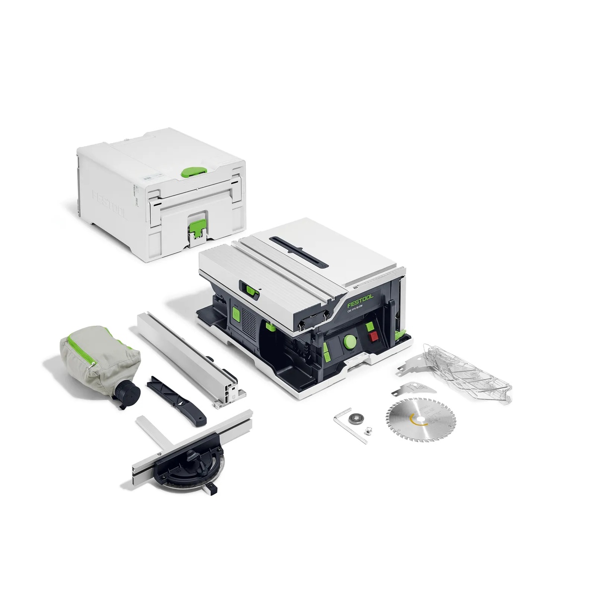 Festool 576821 CSC SYS 50 EBI-Basic Cordless Table Saw with Systainer-style case, blade, rip fence, miter gauge, dust bag, and accessories laid out for transport and jobsite setup