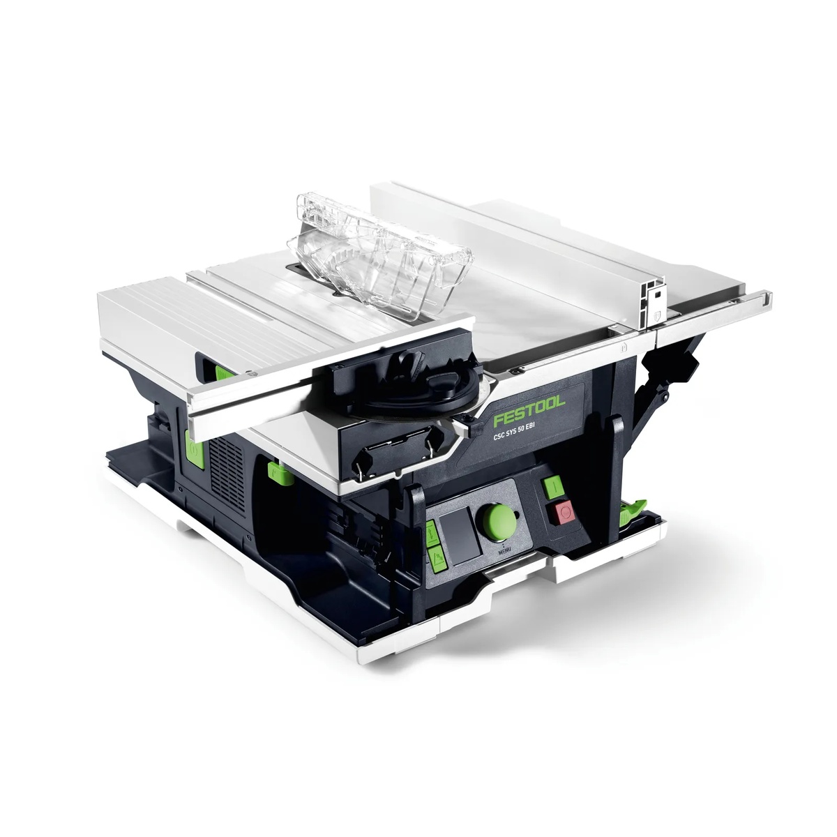 Festool 576821 CSC SYS 50 EBI-Basic Cordless Table Saw set up for precise ripping and miter cutting on a compact jobsite table saw platform for interior trim and finish work