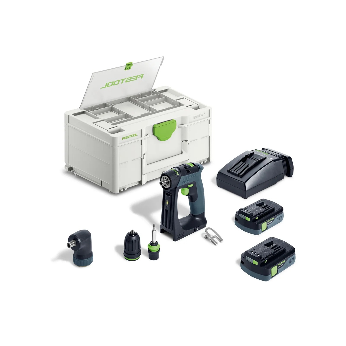 Festool 576889 CXS 18 HPC 4.0Ah I-Set Cordless Drill Kit with Systainer case, charger, batteries, chucks, and angle attachment laid out for transport
