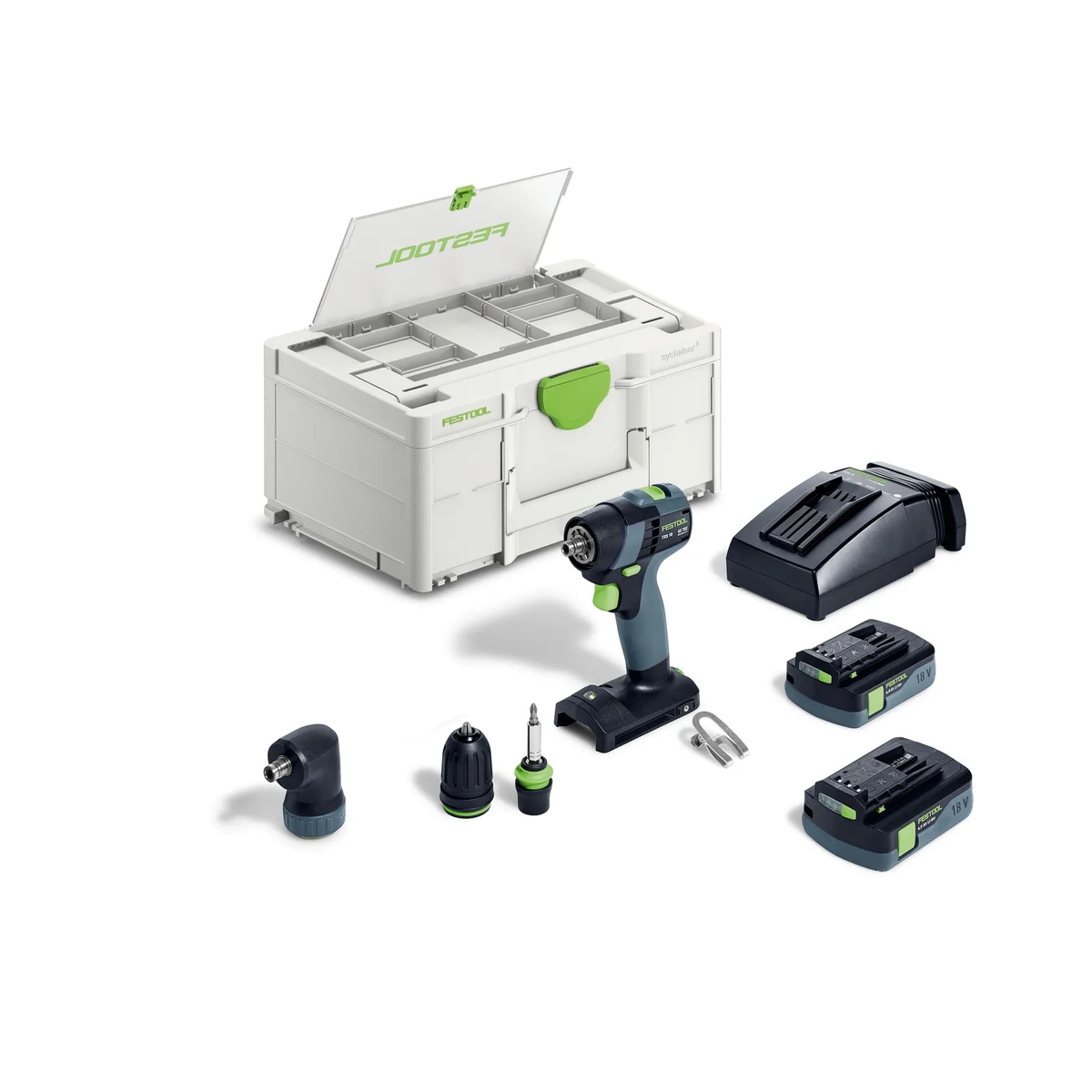 Festool 576903 TXS 18 SET HPC 4.0Ah Cordless Drill Kit with Systainer, charger, batteries, and attachments laid out for cabinet installation and service work