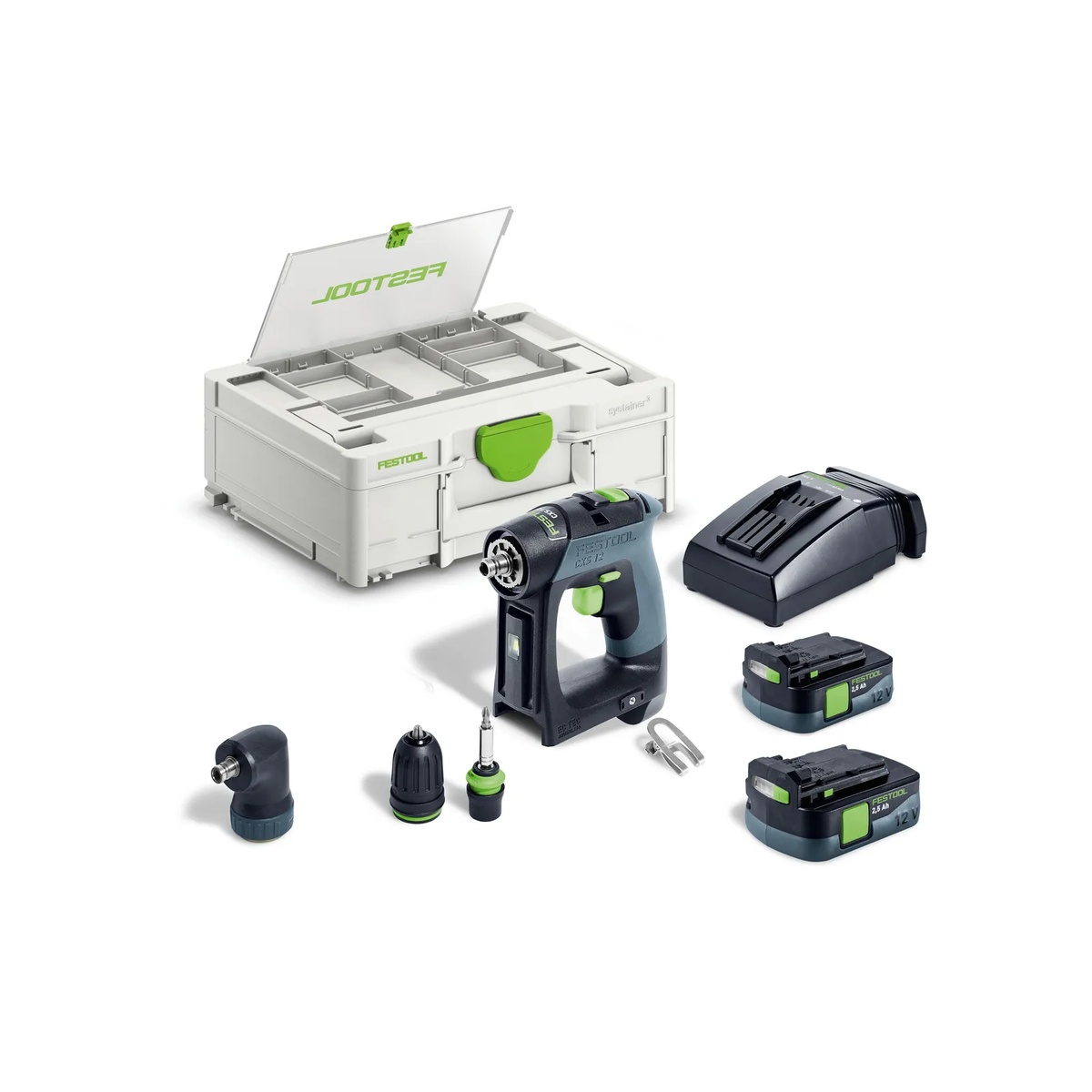 Festool CXS 12 2.5Ah Cordless Drill Kit with Systainer3, charger, two batteries, chuck attachments, and accessories on a clean background