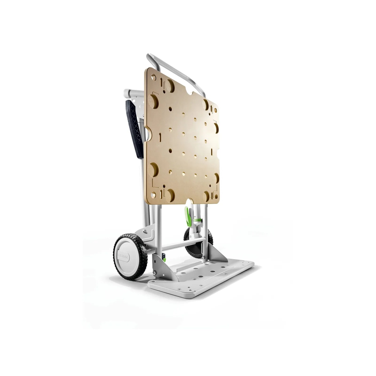 Festool 577001 CSC SYS 50 Cordless Table Saw Underframe UG UG-CSC-SYS folded vertically for compact transport and vehicle storage