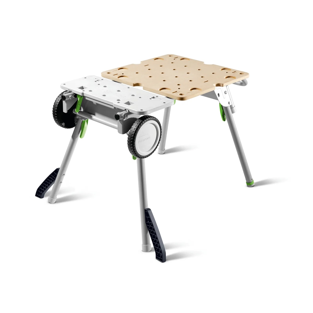 Festool 577001 CSC SYS 50 Cordless Table Saw Underframe UG UG-CSC-SYS opened into a compact worktable with foldaway legs and perforated top