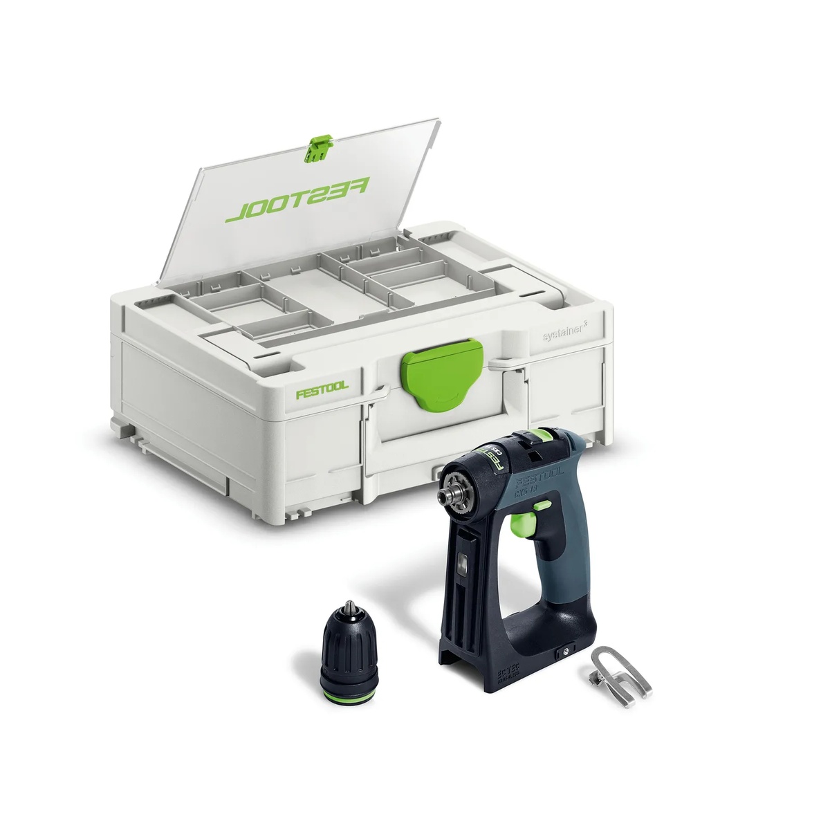 Festool 576887 CXS 18 BASIC Cordless Drill with keyless chuck, belt clip, and SYS3 M 187 Systainer for organized transport and storage