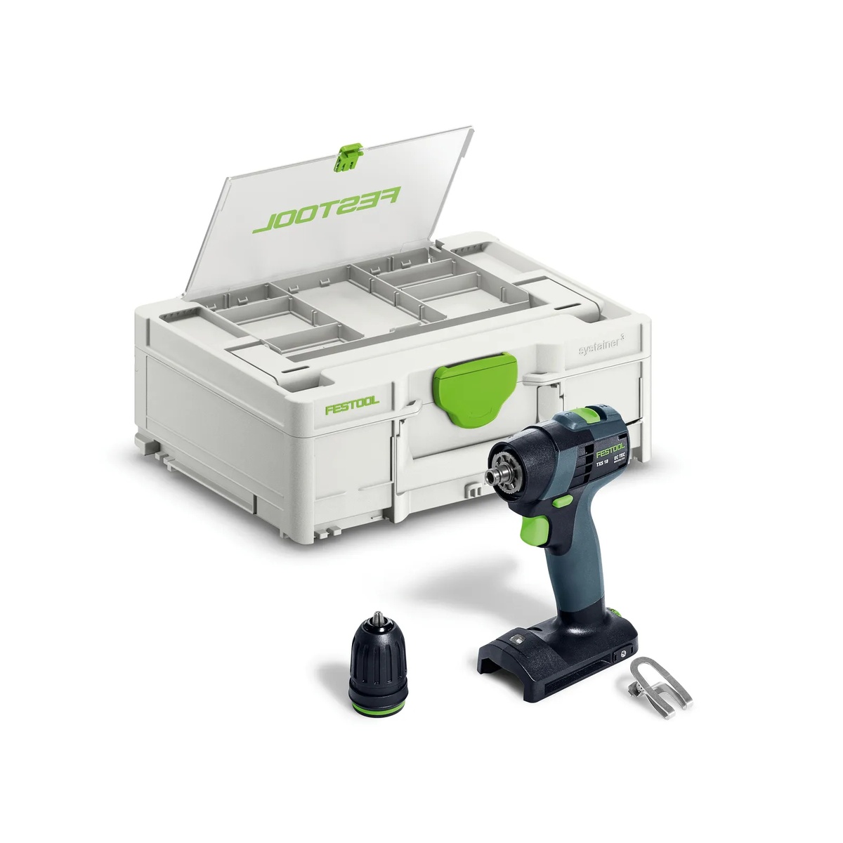 Festool TXS 18 BASIC Cordless Drill with keyless chuck, belt clip, and Systainer storage case on a clean background