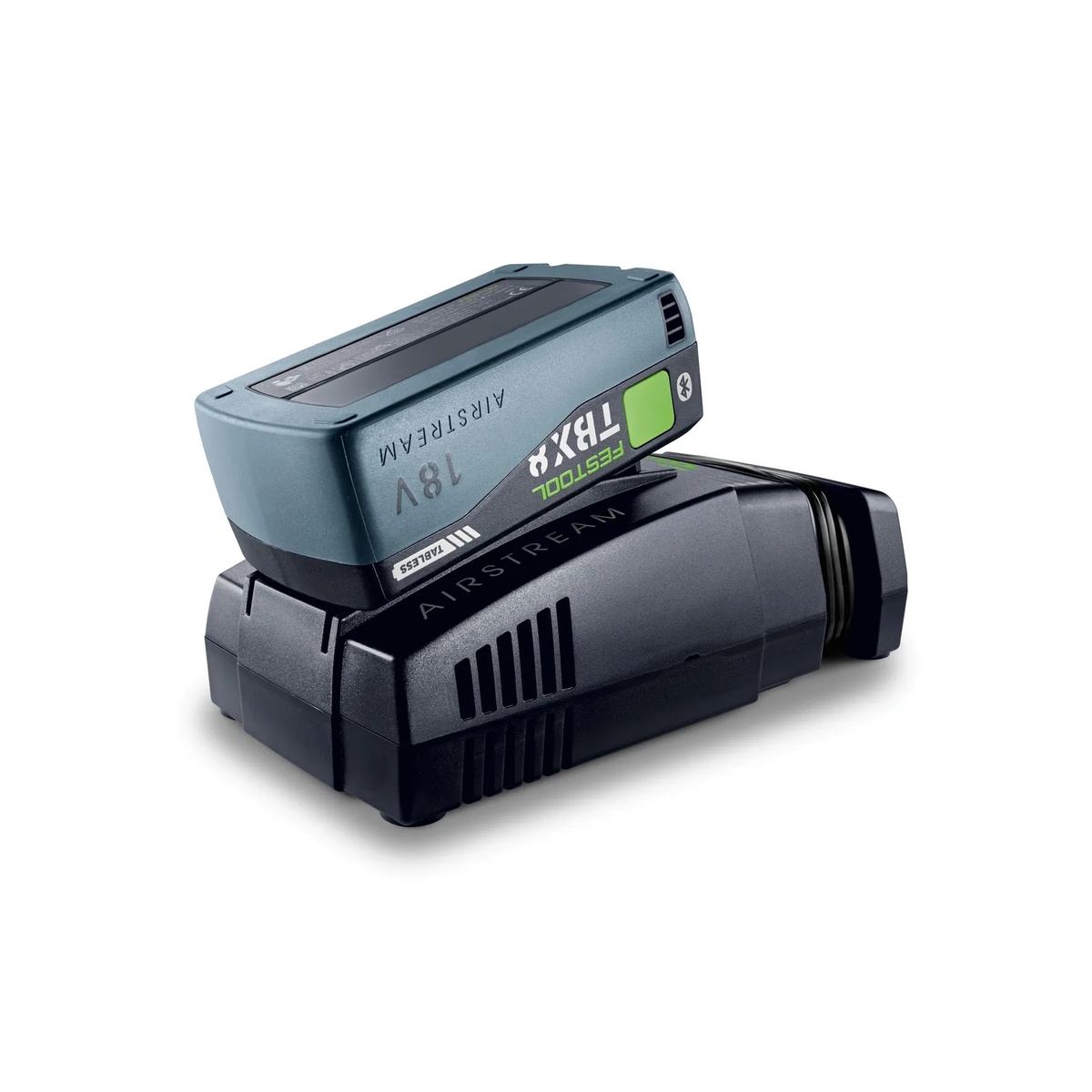 Festool 576954 SCA 16 Rapid Charger with an 18V AIRSTREAM battery pack installed on a white background