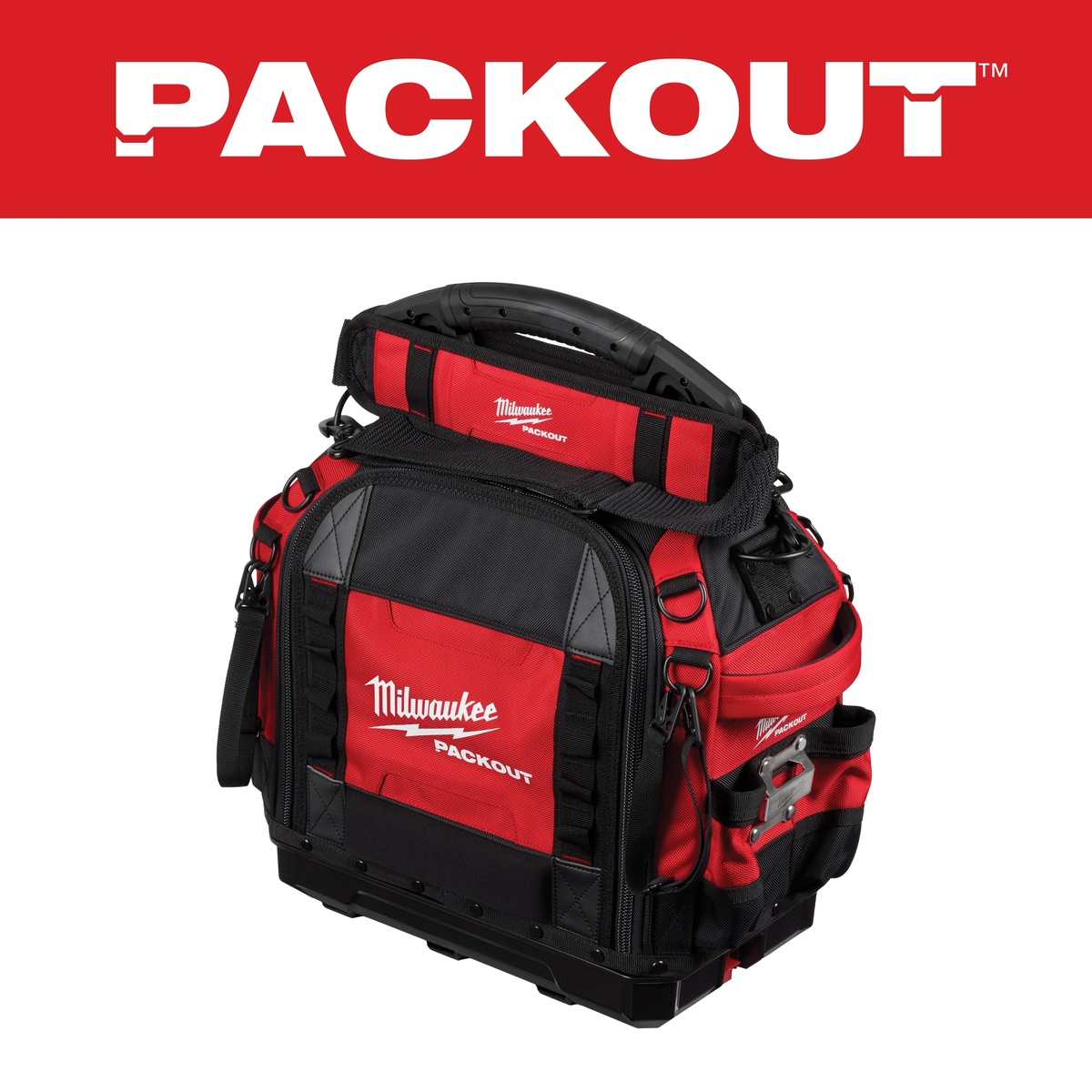 Milwaukee PACKOUT 15 in Structured Tool Bag product view showing molded base, shoulder strap, and exterior pockets for jobsite tool storage