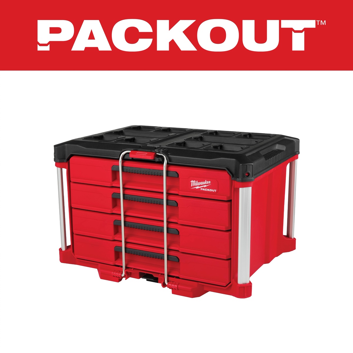 Milwaukee 48-22-8444 PACKOUT 4-Drawer Tool Box closed and ready to stack in a modular storage system